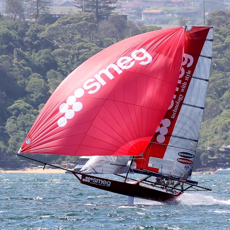 SMEG leads the fleet during a recent championship race on Sydney Harbour photo copyright Frank Quealey taken at Australian 18 Footers League and featuring the 18ft Skiff class