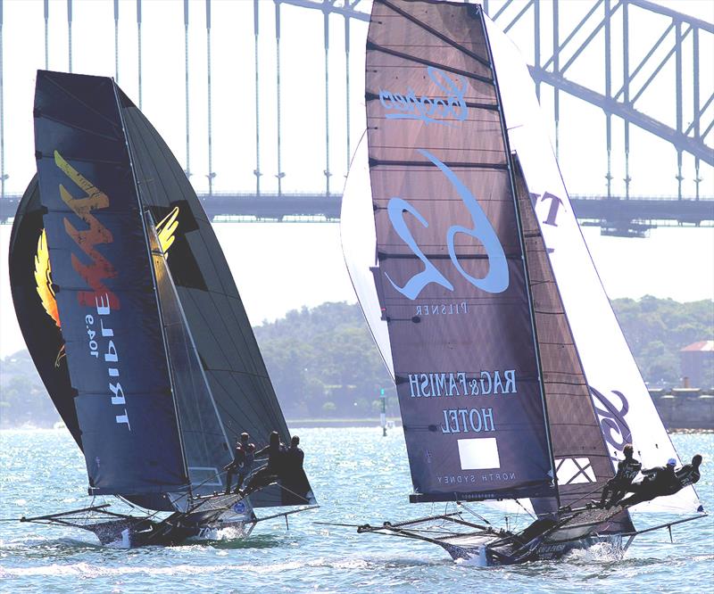 Coopers 62-Rag and Famish Hotel and Triple M in a close tussle for fourth place on the run down to the bottom mark during the 18ft Skiff President's Trophy photo copyright Frank Quealey taken at Australian 18 Footers League and featuring the 18ft Skiff class
