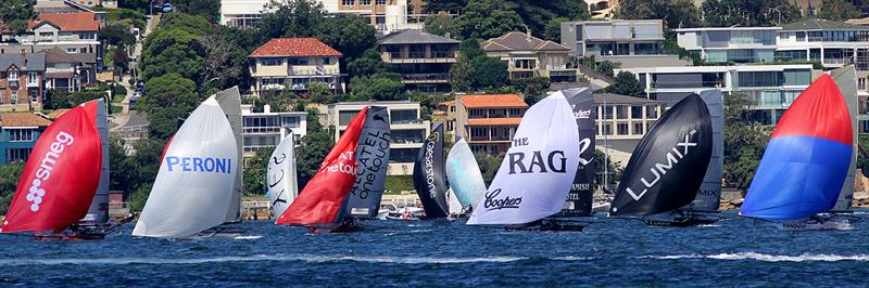 A bunched fleet after rounding the windward buoys in Rose Bay during the 18ft Skiff President's Trophy - photo © Frank Quealey
