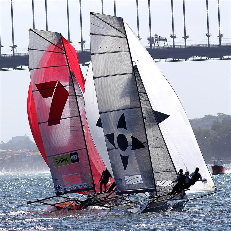 Noakes Youth rolls over the top of Gotta Love It 7 last Sunday photo copyright Frank Quealey taken at Australian 18 Footers League and featuring the 18ft Skiff class