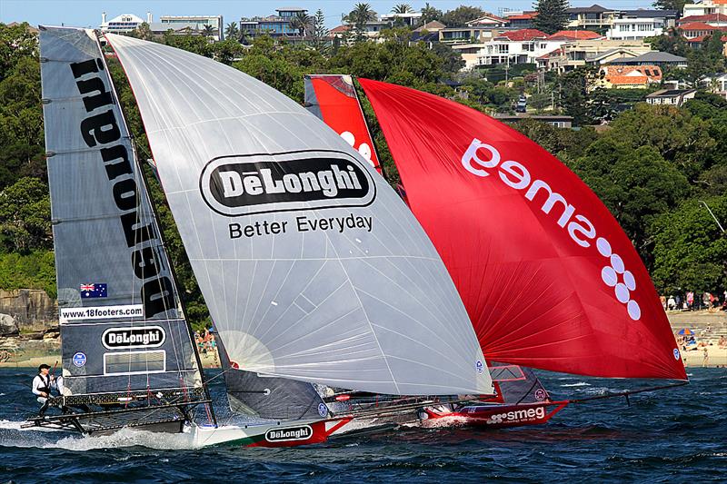 De'Longhi and Smeg at full speed on the run into Rose Bay during race 1 of the 18ft Skiff JJ Giltinan Trophy - photo © Frank Quealey