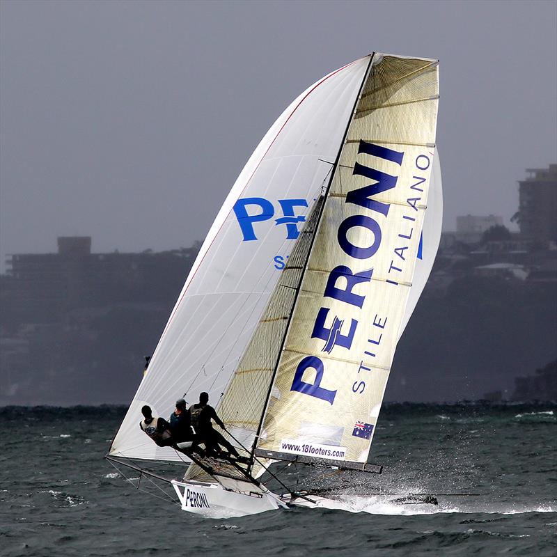 Peroni at speed on the run towards Obelisk during race 11 of the 18ft Skiff Club Championship photo copyright Frank Quealey taken at Australian 18 Footers League and featuring the 18ft Skiff class