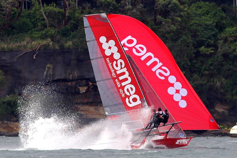 The JJ Giltinan and Australian champion Smeg skiff in action last year photo copyright Frank Quealey taken at Sydney Flying Squadron and featuring the 18ft Skiff class