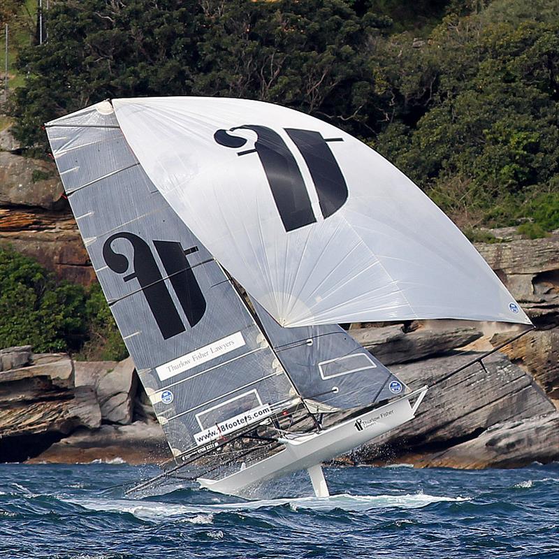 Thurlow Fisher Lawyers takes off on the run into Rose Bay in the 18ft Skiff R. Watt Memorial Trophy photo copyright Frank Quealey taken at Australian 18 Footers League and featuring the 18ft Skiff class