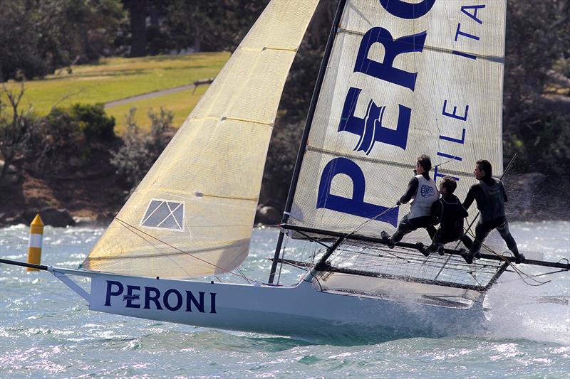 Peroni approaches the second windward mark during the 18ft Skiff Alf Beashel Memorial Trophy photo copyright Frank Quealey taken at Australian 18 Footers League and featuring the 18ft Skiff class