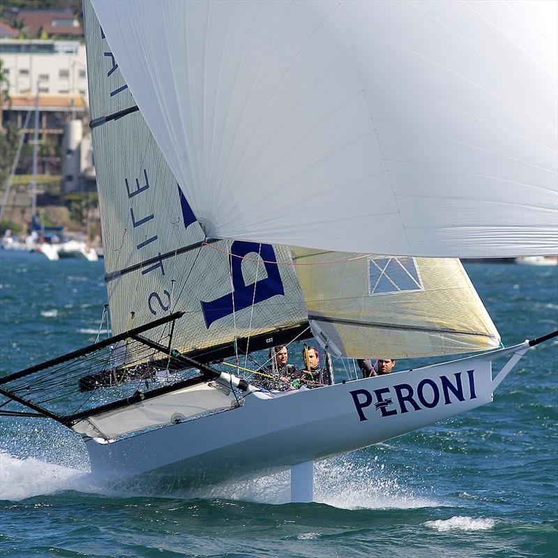 The Peroni team head for the start of the 18ft Skiff Alf Beashel Memorial Trophy photo copyright Frank Quealey taken at Australian 18 Footers League and featuring the 18ft Skiff class