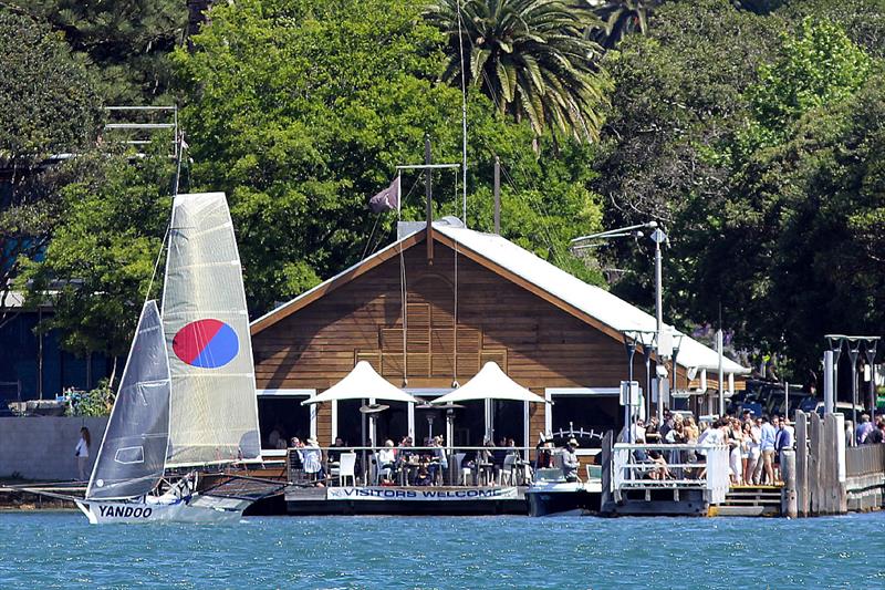 Yandoo, in front of the League's clubhouse, was the first skiff to leave the rigging area for the 18ft Skiff Alf Beashel Memorial Trophy photo copyright Frank Quealey taken at Australian 18 Footers League and featuring the 18ft Skiff class