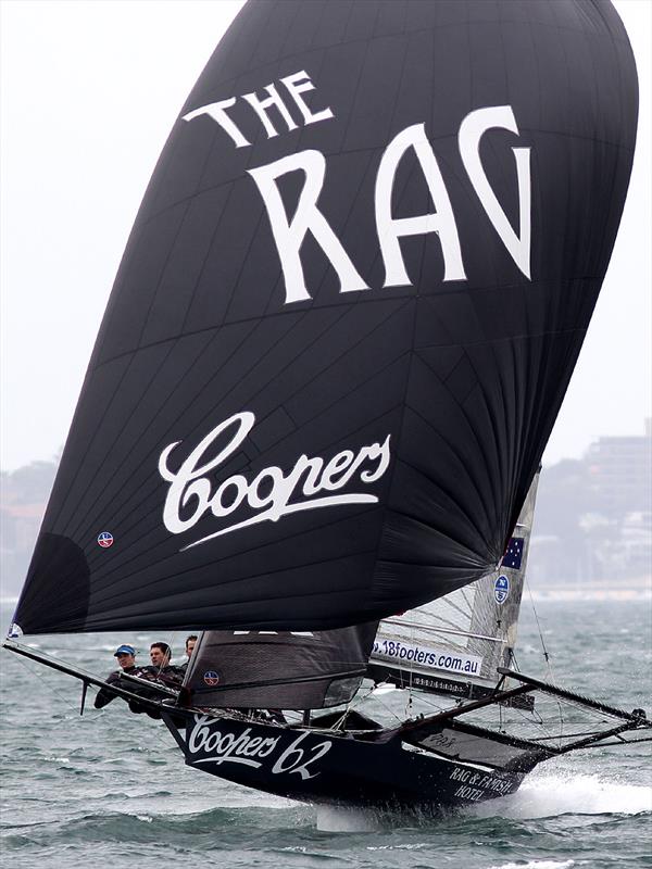 A faultless win by the Coopers 62-Rag and Famish Hotel crew in race 1 of the 18ft Skiff NSW Championship photo copyright Frank Quealey taken at Australian 18 Footers League and featuring the 18ft Skiff class