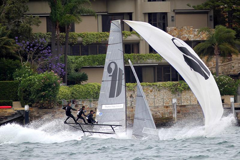 Thurlow Fisher was in the lead, but...  in race 1 of the 18ft Skiff NSW Championship - photo © Frank Quealey