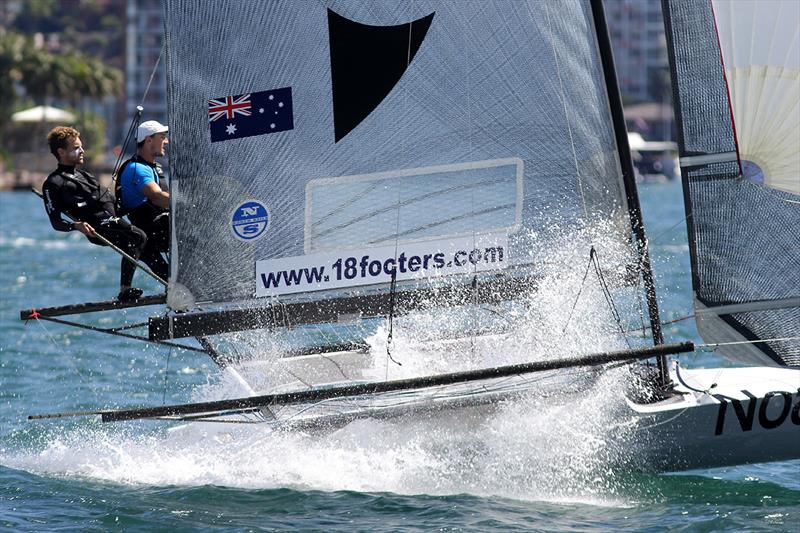 Ash Rooklyn looks calm as he steers the Noakes Youth skiff down to the bottom mark in race 2 of the 18ft Skiff NSW Championship photo copyright Frank Quealey taken at Australian 18 Footers League and featuring the 18ft Skiff class