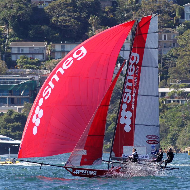 The winning Smeg crew take a quick look back to see where the opposion is behind them in race 2 of the 18ft Skiff NSW Championship photo copyright Frank Quealey taken at Australian 18 Footers League and featuring the 18ft Skiff class
