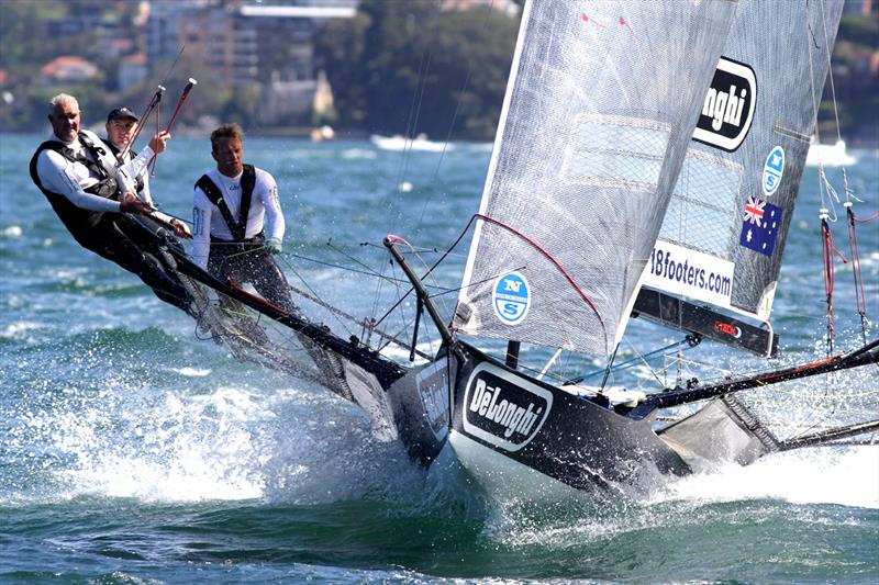 De'Longhi powers towards the Chowder Bay rounding mark during race 2 of the 18ft Skiff NSW Championship - photo © Frank Quealey