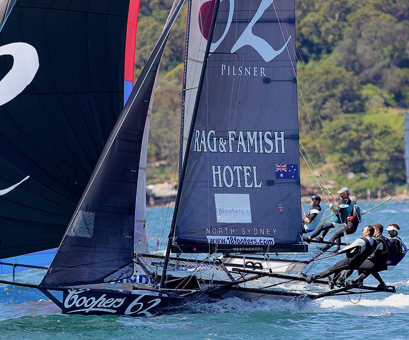 Coopers 62-Rag and Famish Hotel take second place off Yandoo on the first spinnaker run in race 2 of the 18ft Skiff NSW Championship photo copyright Frank Quealey taken at Australian 18 Footers League and featuring the 18ft Skiff class
