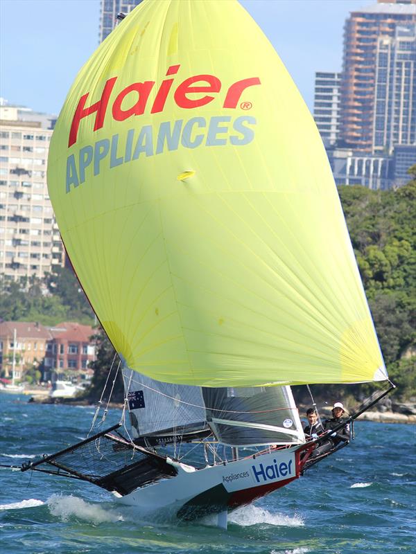 Haier Applicances airborne under the no.2 rig photo copyright Frank Quealey taken at Australian 18 Footers League and featuring the 18ft Skiff class