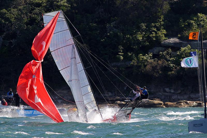 This must be the OTHER WAY to cross the finish line in race 3 of the 18ft Skiff NSW Championship photo copyright Frank Quealey taken at Australian 18 Footers League and featuring the 18ft Skiff class