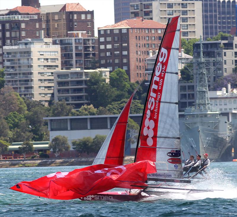 Smeg showed some brilliant speed as she led the fleet to the wing mark on the first lap during race 3 of the 18ft Skiff NSW Championship photo copyright Frank Quealey taken at Australian 18 Footers League and featuring the 18ft Skiff class