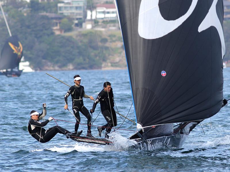 The Rag's crew prepare for a final gybe in an attempt to grab second placing on the finish line in race 4 of the 18ft Skiff NSW Championship photo copyright Frank Quealey taken at Australian 18 Footers League and featuring the 18ft Skiff class