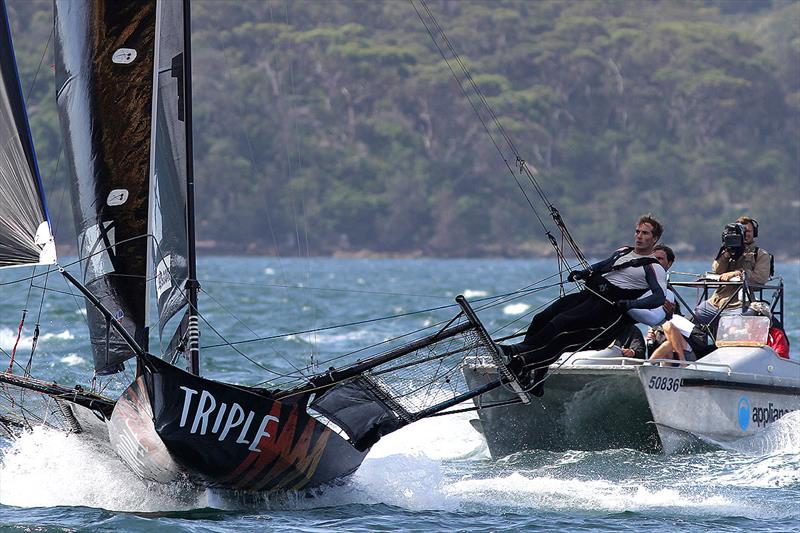 The League's video team close in on all the downwind action during race 4 of the 18ft Skiff NSW Championship photo copyright Frank Quealey taken at Australian 18 Footers League and featuring the 18ft Skiff class