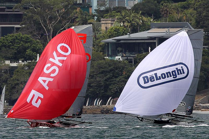 Asko Appliances and De'Longhi on the spinnaker run out of Rose Bay during race 5 of the 18ft Skiff NSW Championship photo copyright Frank Quealey taken at Australian 18 Footers League and featuring the 18ft Skiff class