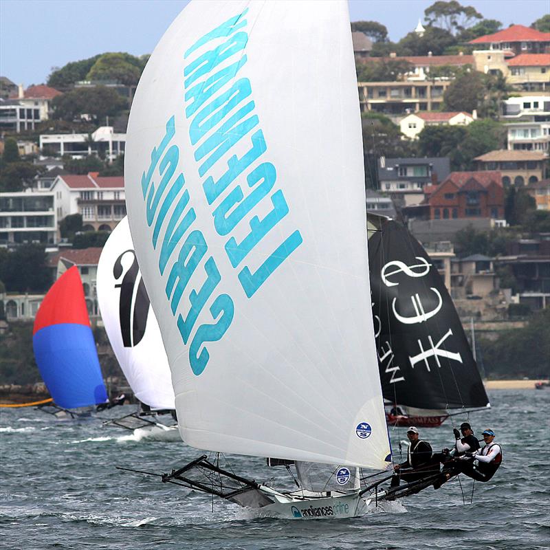 Appliancesonline leads the fleet to the wing mark on the first lap during race 5 of the 18ft Skiff NSW Championship photo copyright Frank Quealey taken at Australian 18 Footers League and featuring the 18ft Skiff class