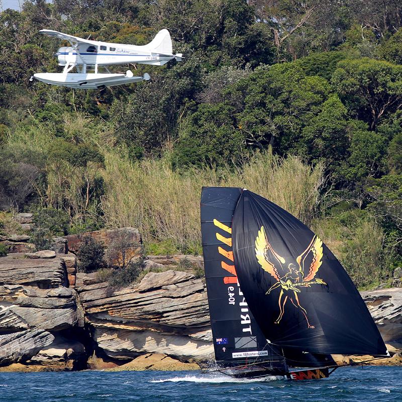 Local seaplane comes in for a closer look at the winner during the 18ft Skiff Yandoo Trophy photo copyright Frank Quealey taken at Australian 18 Footers League and featuring the 18ft Skiff class