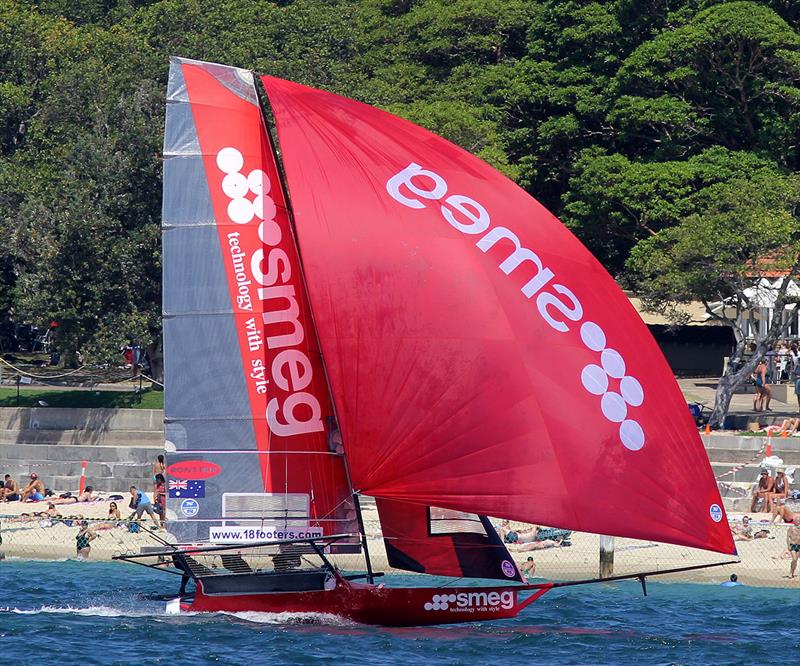 Smeg leads the fleet past Nielsen Park beach on the first spinnaker leg in the 18ft Skiff Syd. Barnett Jr. Memorial Trophy photo copyright Frank Quealey taken at Australian 18 Footers League and featuring the 18ft Skiff class