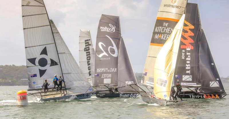 The fleet was very close throughout the entire race in race 1 of the 18ft Skiff Australian Championship photo copyright Michael Chittenden taken at Australian 18 Footers League and featuring the 18ft Skiff class