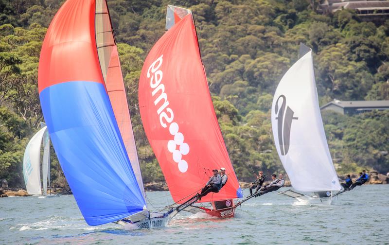 A close fight for the podium places in race 2 of the 18ft Skiff Australian Championship photo copyright Michael Chittenden taken at Australian 18 Footers League and featuring the 18ft Skiff class