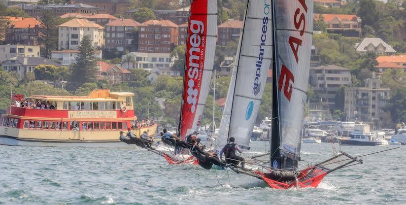 Smeg and appliancesonline.com.au were neck and neck at the top mark during race 4 of the 18ft Skiff Australian Championship photo copyright Michael Chittenden taken at Australian 18 Footers League and featuring the 18ft Skiff class