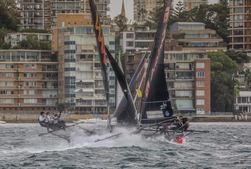 Triple M and Asko Appliances in close racing action during the 18ft Skiff President's Trophy race photo copyright Michael Chittenden taken at Australian 18 Footers League and featuring the 18ft Skiff class