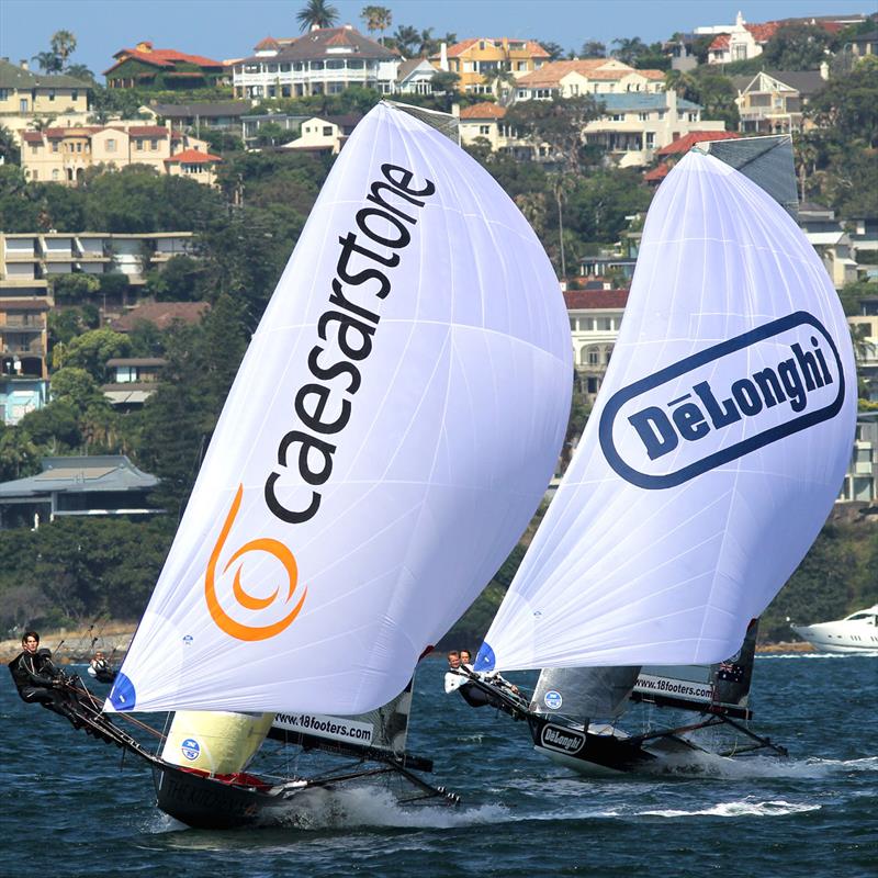 The Kitchen Maker and De'Longhi spinnaker action in a noréast wind earlier in the season photo copyright Frank Quealey taken at Australian 18 Footers League and featuring the 18ft Skiff class