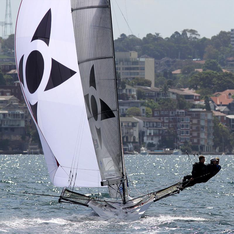Noakes Youth led the fleet before a fouled spinnaker proved costly in race 11 of the 18ft Skiff Club Championship photo copyright Frank Quealey taken at Australian 18 Footers League and featuring the 18ft Skiff class