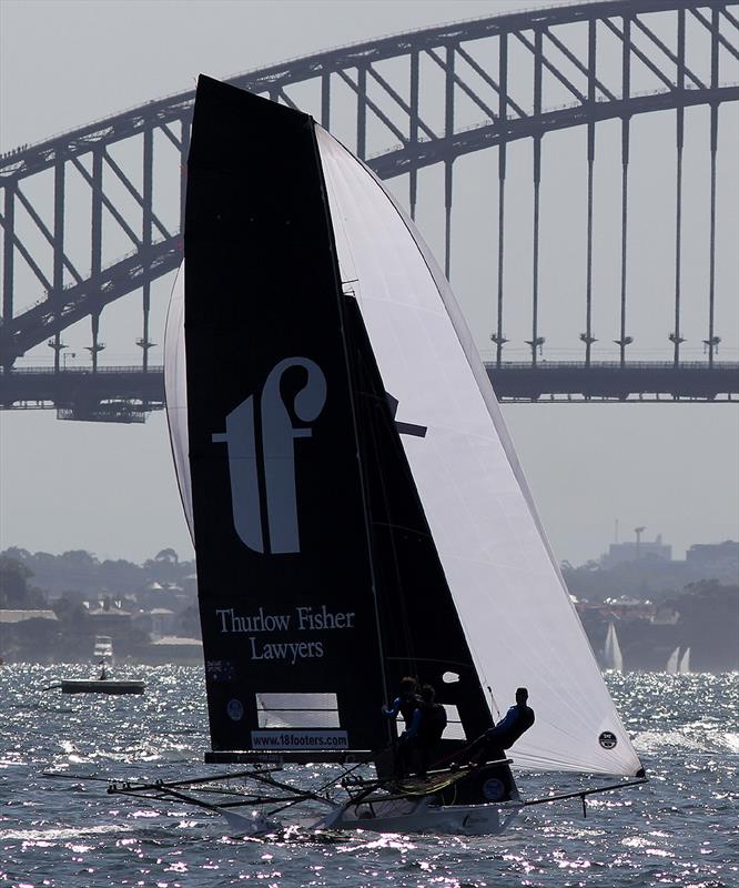 Thurlow Fisher Lawyers owned Sydney Harbour in race 11 of the 18ft Skiff Club Championship photo copyright Frank Quealey taken at Australian 18 Footers League and featuring the 18ft Skiff class