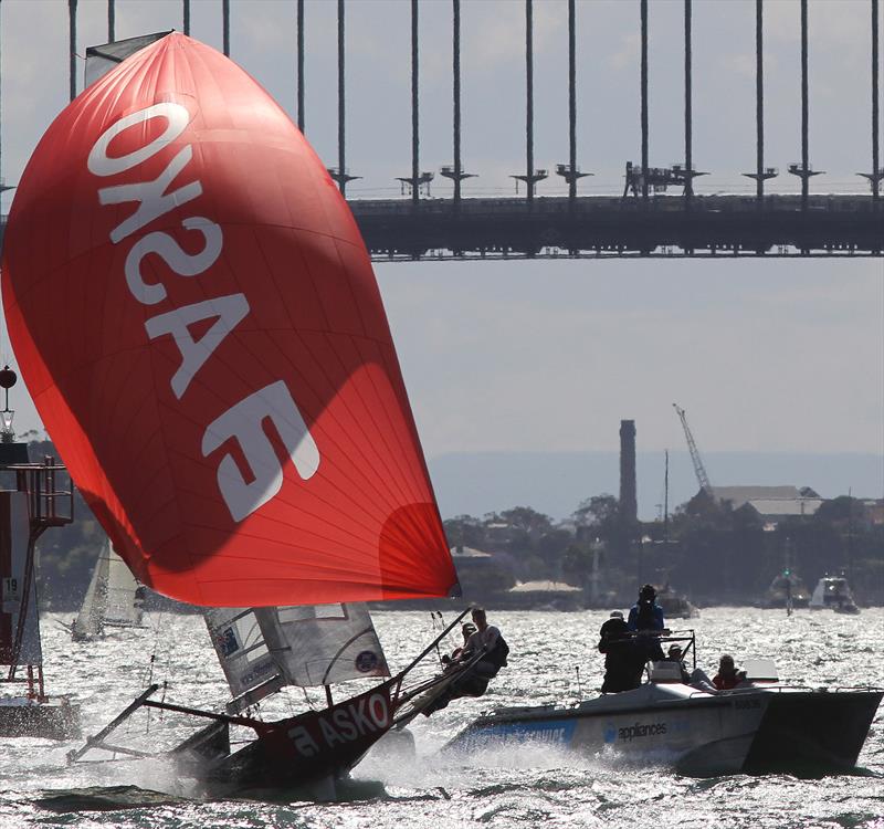 The Australian 18 Footers League's video team follow the flying Asko skiff on Sydney Harbour photo copyright Frank Quealey taken at Australian 18 Footers League and featuring the 18ft Skiff class