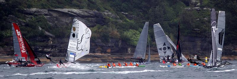 Chaos at the Obelisk mark as a group of paddlers get in the way during 18ft Skiff 2017 JJ Giltinan Championship race 1 - photo © Frank Quealey