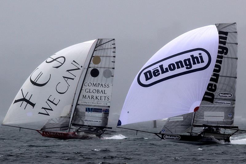 Local teams Compassmarkets.com and De'Longhi on the first spinnaker run during 18ft Skiff 2017 JJ Giltinan Championship race 1 - photo © Frank Quealey