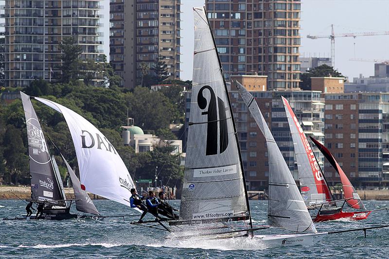 Thurlow Fisher Lawyers challenges for second place midway through 18ft Skiff 2017 JJ Giltinan Championship race 2 photo copyright Frank Quealey taken at Australian 18 Footers League and featuring the 18ft Skiff class