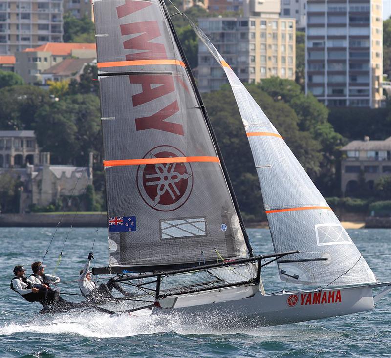 Yamaha's crew drive their skiff on the two-sail reach during 18ft Skiff 2017 JJ Giltinan Championship race 2 photo copyright Frank Quealey taken at Australian 18 Footers League and featuring the 18ft Skiff class