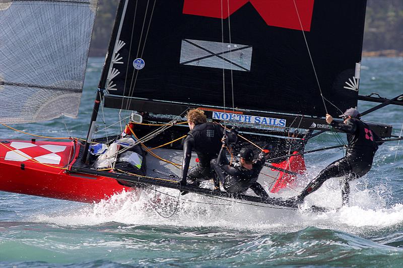 Knight Frank lose the wind from the shadow of a ferry during 18ft Skiff 2017 JJ Giltinan Championship race 2 photo copyright Frank Quealey taken at Australian 18 Footers League and featuring the 18ft Skiff class