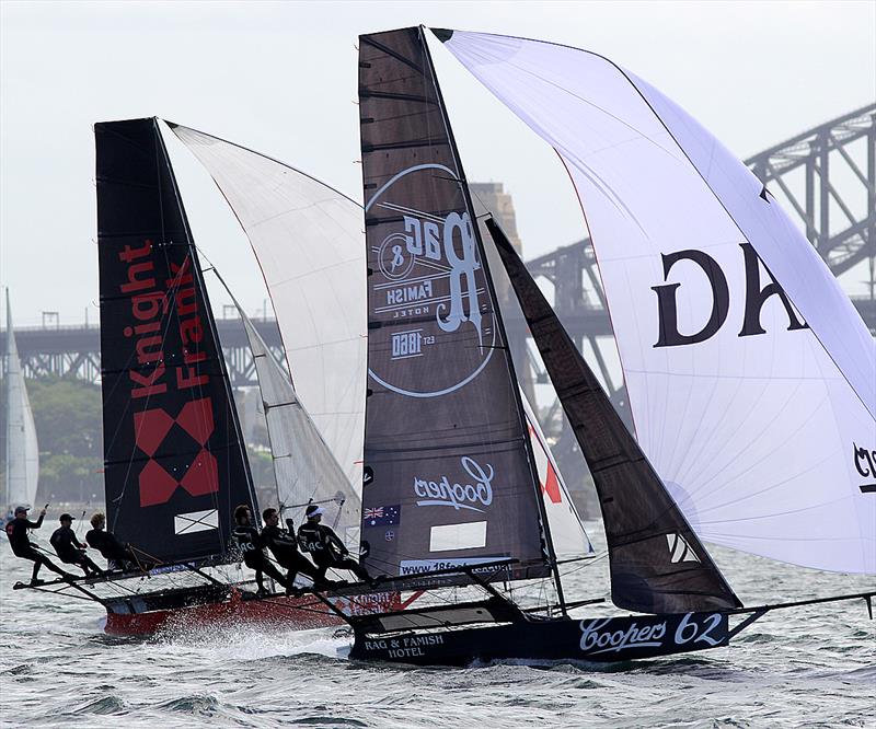 Coopers-Rag leads NZ's Knight Frank on the run across Sydney Harbour during 18ft Skiff 2017 JJ Giltinan Championship race 2 photo copyright Frank Quealey taken at Australian 18 Footers League and featuring the 18ft Skiff class