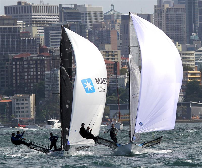 Two international teams, Harken (USA) leads Maersk Line (NZ), during 18ft Skiff 2017 JJ Giltinan Championship race 2 photo copyright Frank Quealey taken at Australian 18 Footers League and featuring the 18ft Skiff class