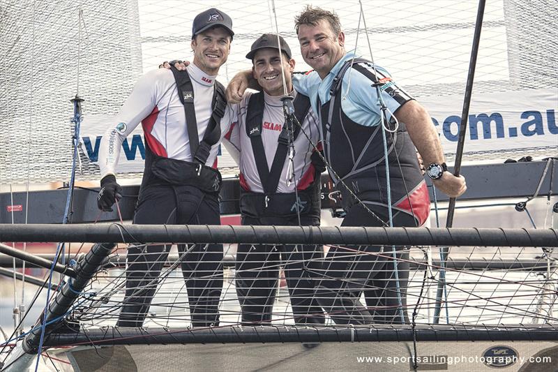 David Witt and team onboard Appliances Online, winners of 18ft Skiff 2017 JJ Giltinan Championship race 3 photo copyright Beth Morley / www.sportsailingphotography.com taken at Australian 18 Footers League and featuring the 18ft Skiff class