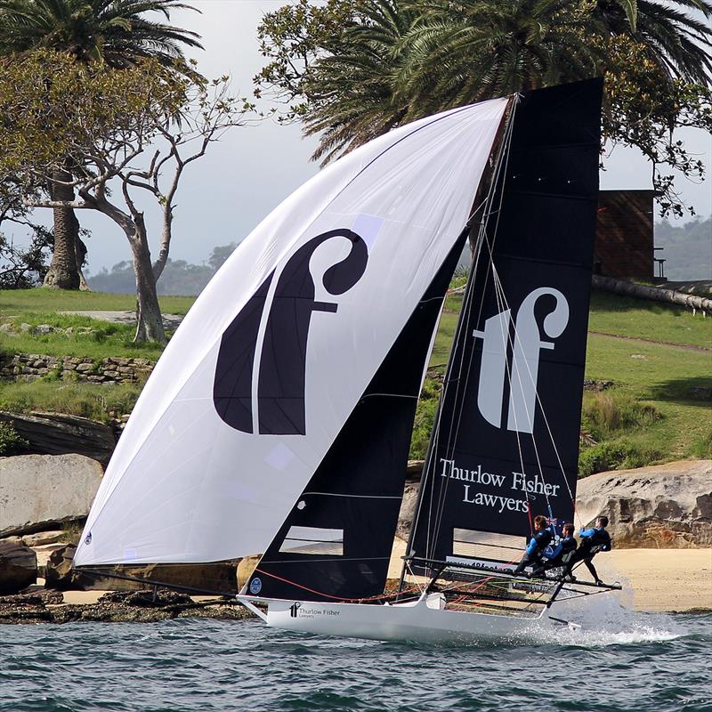 Thurlow Fisher Lawyers was an easy winner in the light winds in 18ft Skiff 2017 JJ Giltinan Championship race 4 photo copyright Frank Quealey taken at Australian 18 Footers League and featuring the 18ft Skiff class