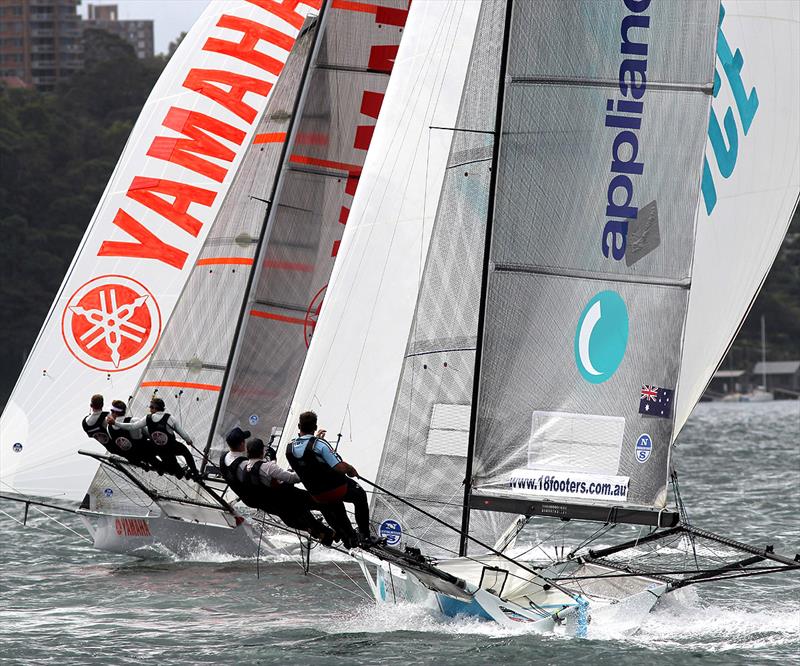 Yamaha and appliancesonline in a tight spinnaker battle as they head for the bottom mark during 18ft Skiff 2017 JJ Giltinan Championship race 4 photo copyright Frank Quealey taken at Australian 18 Footers League and featuring the 18ft Skiff class