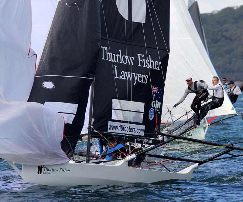Thurlow Fisher leads the UK skiff Lola as they approach the bottom mark during 18ft Skiff 2017 JJ Giltinan Championship race 5 photo copyright Frank Quealey taken at Australian 18 Footers League and featuring the 18ft Skiff class
