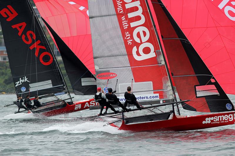 Defending champion Smeg and Asko Appliances in close racing duel during 18ft Skiff 2017 JJ Giltinan Championship race 7 photo copyright Frank Quealey taken at Australian 18 Footers League and featuring the 18ft Skiff class
