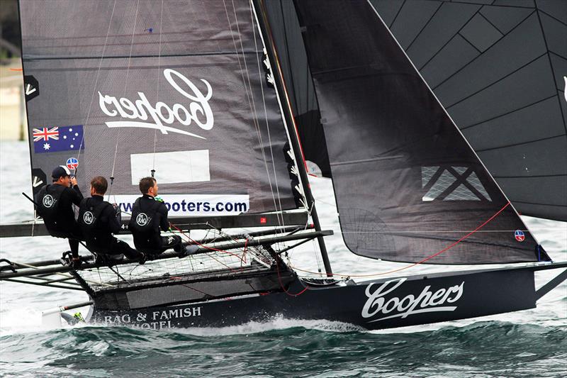 Coopers 62-Rag and Famish Hotel led as spinnakers were set for the first run during race 1 of the 18ft Skiff Spring Championship in Sydney photo copyright Frank Quealey taken at Australian 18 Footers League and featuring the 18ft Skiff class