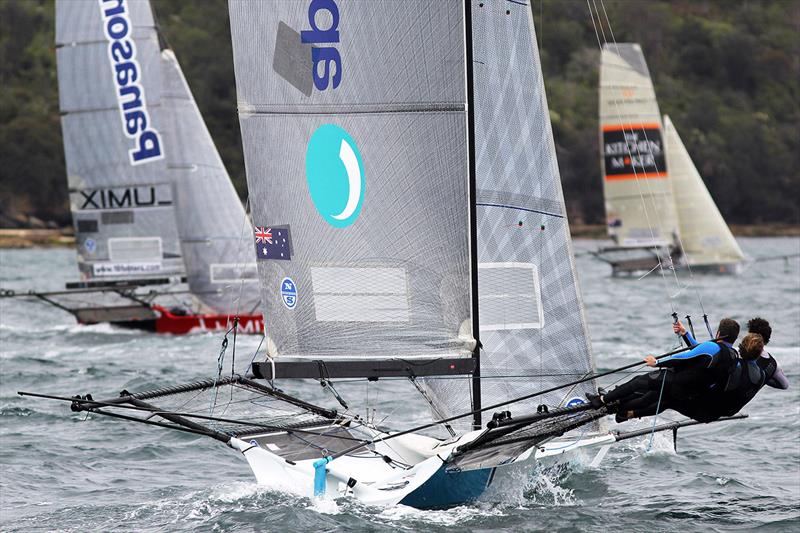 Appliancesonline in a battle with Panasonic Lumix and The Kitchen Maker on the windward leg shortly after the start of race 1 of the 18ft Skiff Spring Championship in Sydney photo copyright Frank Quealey taken at Australian 18 Footers League and featuring the 18ft Skiff class