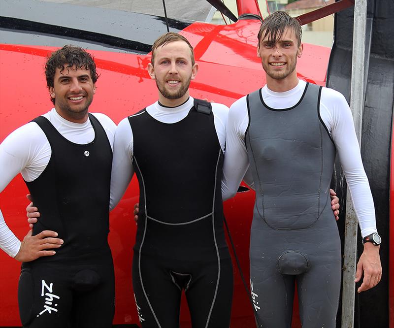 The winning crew (from left) Jordan Girdis, Lachlan Doyle, Nathan Edwards after race 1 of the 18ft Skiff Spring Championship in Sydney - photo © Frank Quealey