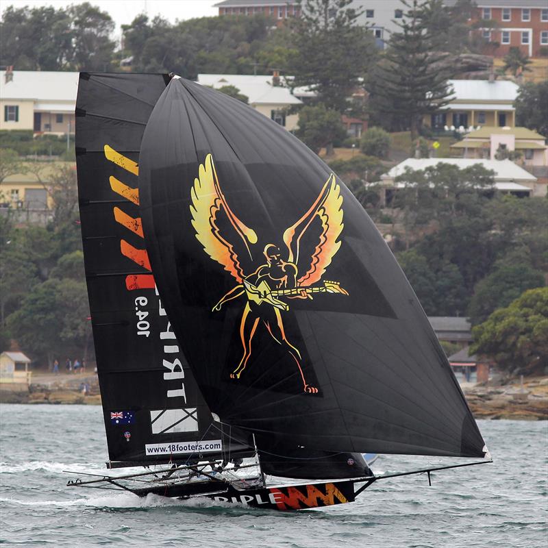 Triple M was in third place after the first windward mark during race 1 of the 18ft Skiff Spring Championship in Sydney photo copyright Frank Quealey taken at Australian 18 Footers League and featuring the 18ft Skiff class